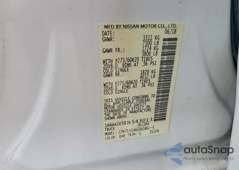 2018 Nissan Titan Sv z USA, uszkodzony, nr VIN 1N6AA1E58JN543013